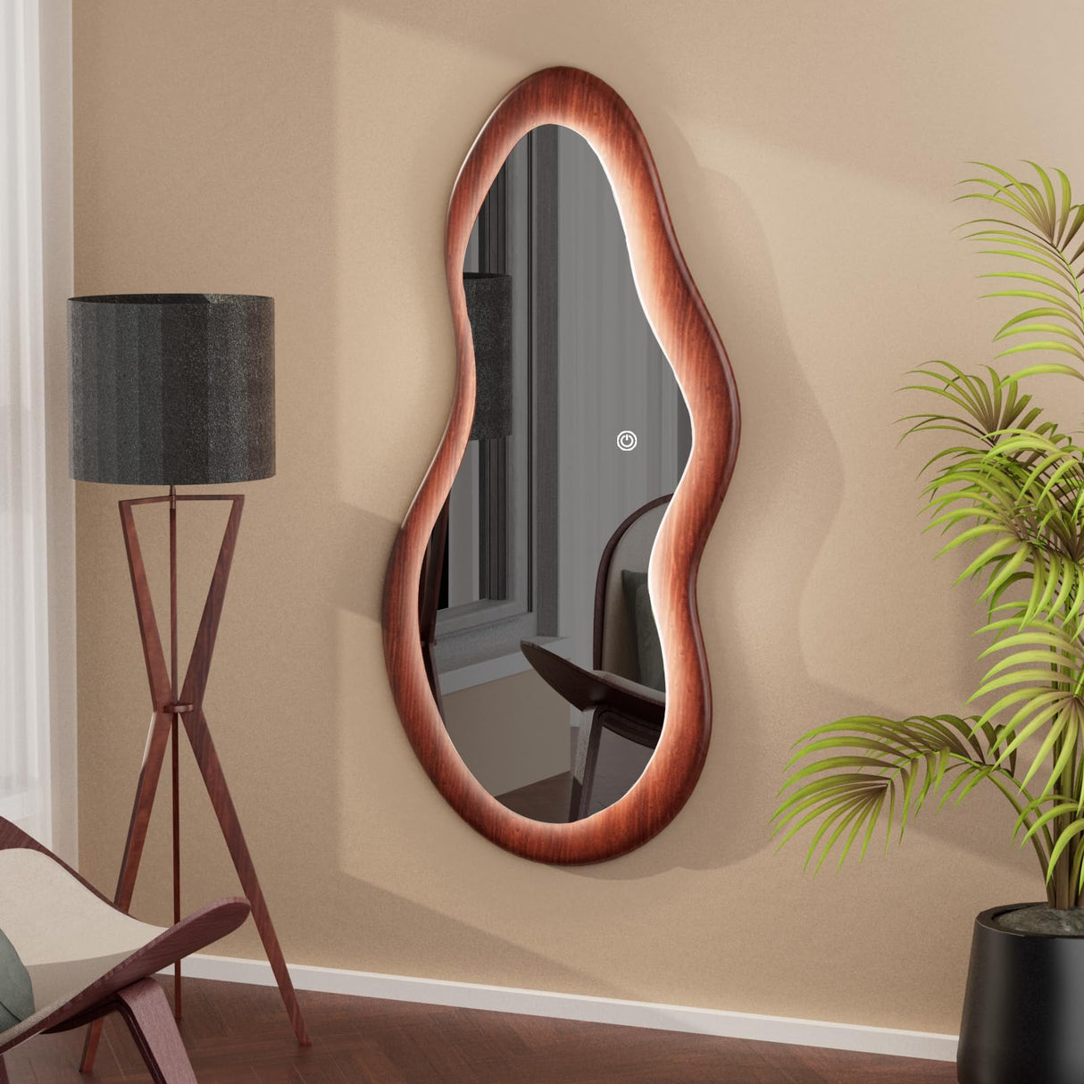 osemy 48"x 24" LED Wood Full Length Mirror with Lights Irregular Wavy Full Body Mirror Shatter-Proof Hanging/Leaning Wall Mounted Walnut Wooden Framed Mirror for Dressing Bedroom Living Room osemy