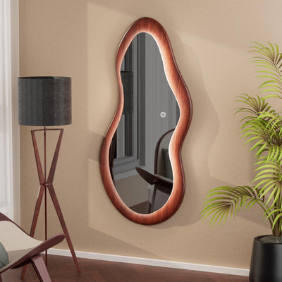 osemy 48"x 24" LED Wood Full Length Mirror with Lights Irregular Wavy Full Body Mirror Shatter-Proof Hanging/Leaning Wall Mounted Walnut Wooden Framed Mirror for Dressing Bedroom Living Room