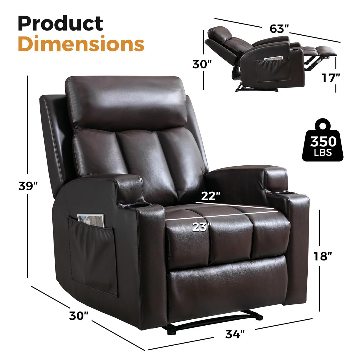 CANMOV Manual Massage Heat Recliner Chair Set of 2,Breathable Leather Recliner Chair with Armrest and Backrest, Manual Reclining Single Sofa with 2 Cup Holders, Side Pocket for Living Room,Dark Brown CANMOV