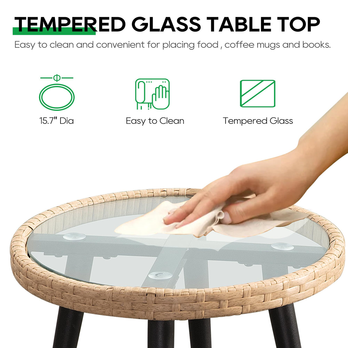 PORWEY 3 Piece Patio Bistro Set, Outdoor Wicker Apartment Balcony Furniture Sets, Rattan Table and Chairs Set of 2 for Porch Backyard Lawn Poolside Deck, Beige PORWEY