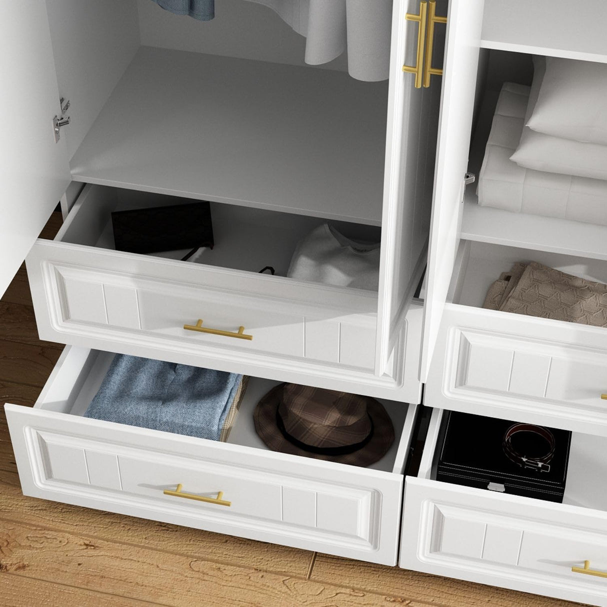 MOUMON 4 Door Wardrobe Closet with 4 Drawers & Shelves, Armoire Wardrobe Closet with Hanging Rod, Top Cube Storage, Closet for Bedroom White and Gold (63”W x 20.6”D x 93.9”H) MOUMON