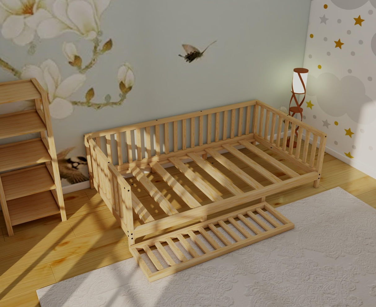 Montessori Floor Bed Designed with Open Front for Girls and Boys | Pine Wood Natural Solid Frame Bed Footed Model with Slats | Sturdy Designed Floor Bed Frame for Kids (Twin, Height : 23 Inches) wood and montessori