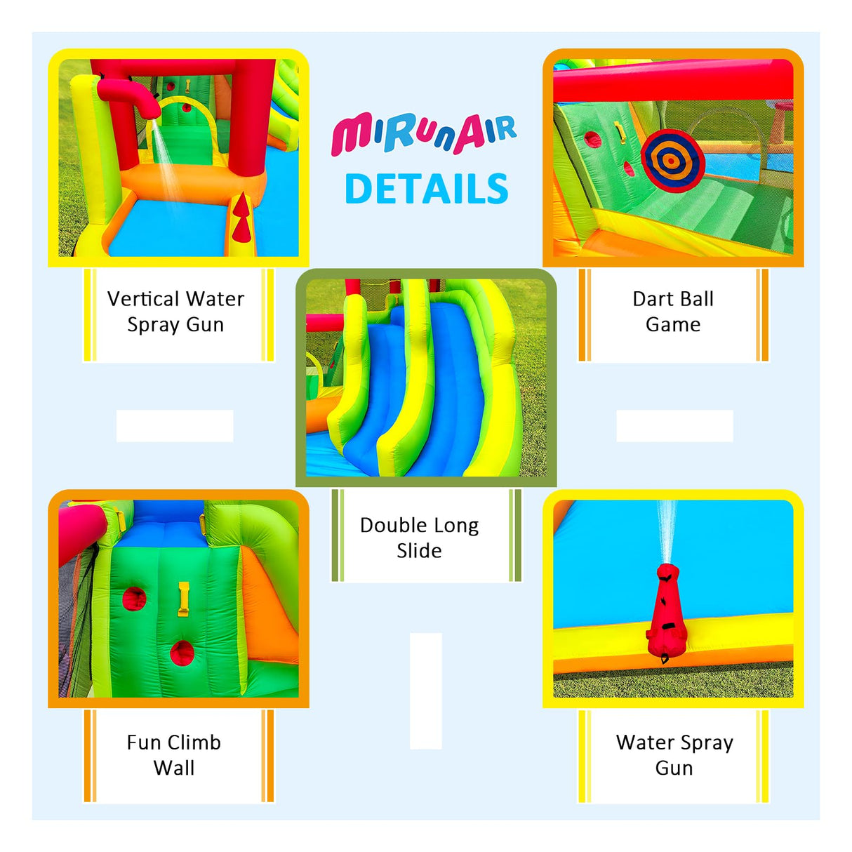 MIRUNAIR Inflatable Bounce House with Slides, Inflatable Water Slide for Kids Backyard, Bounce Water Prak with Air Blower, Splash Pool, Water Cannon, Climbing Wall, Outdoor Backyard Water Park MIRUNAIR