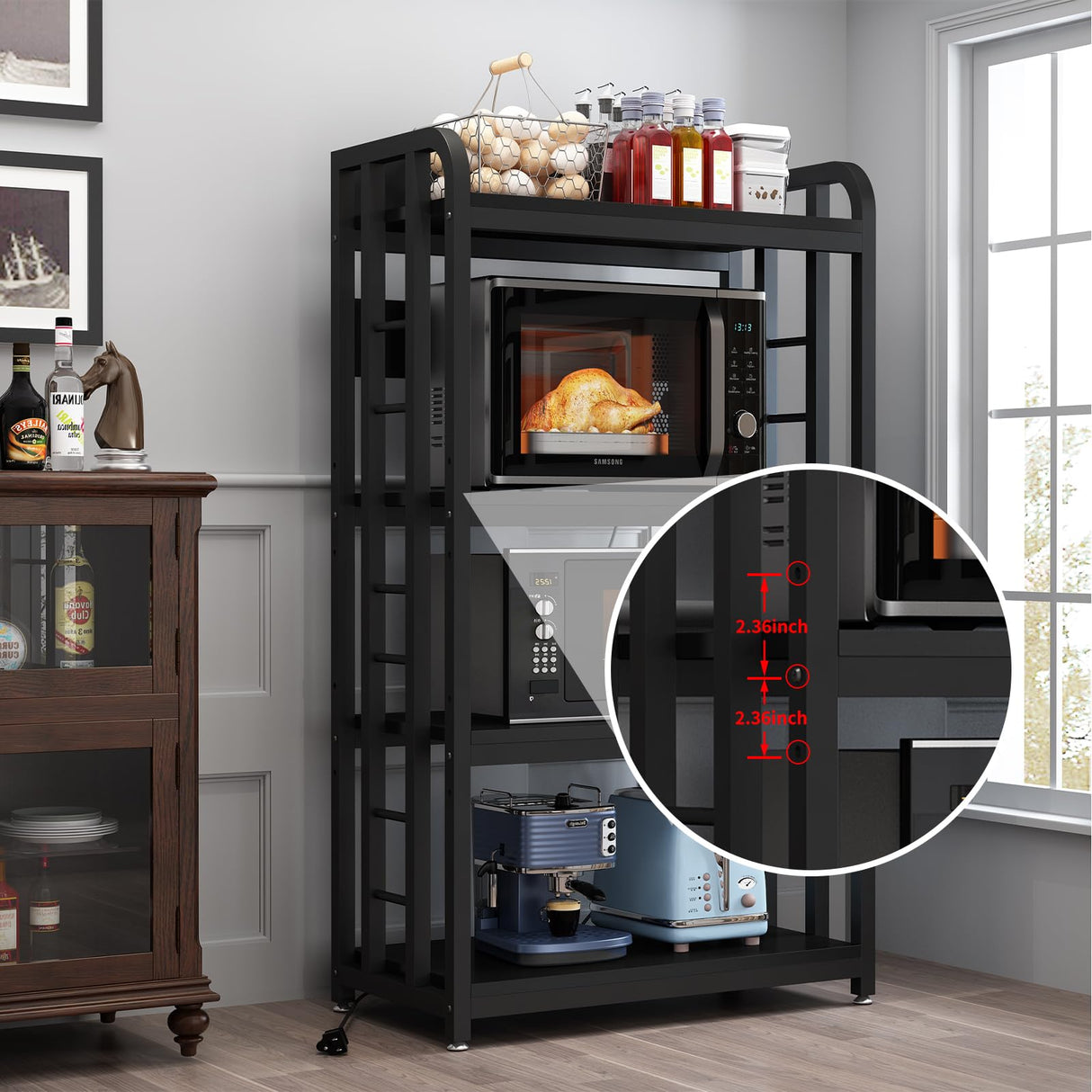 Bakers Rack with Power Outlet ,microwave stand 4-Tier Kitchen Baker's Rack, Free Standing Baker's Rack Kitchen Stands with Storage Suitable for Kitchen, Living Room, Dinning Room,Coffee Bar (Black) SIREDEEP