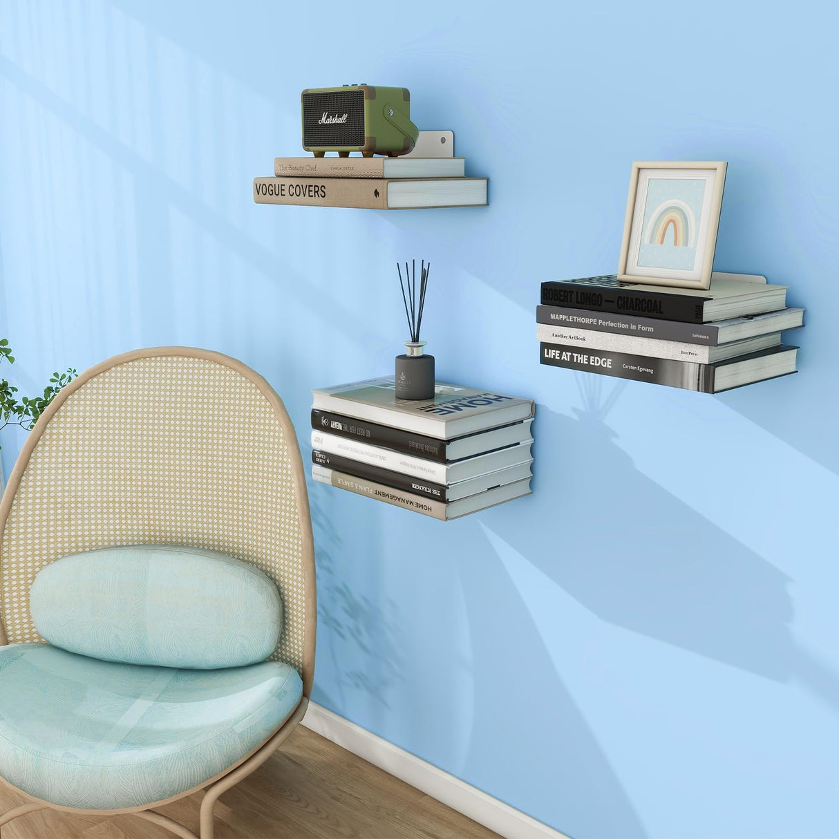 FENTEC Floating Book Shelves for Wall, Wall Mounted Invisible Floating Bookshelf, Heavy-Duty Hanging Bookshelves, Hidden Book Shelf Metal Wall Book Holder for Bedroom Home Office, 6-Pack White FENTEC