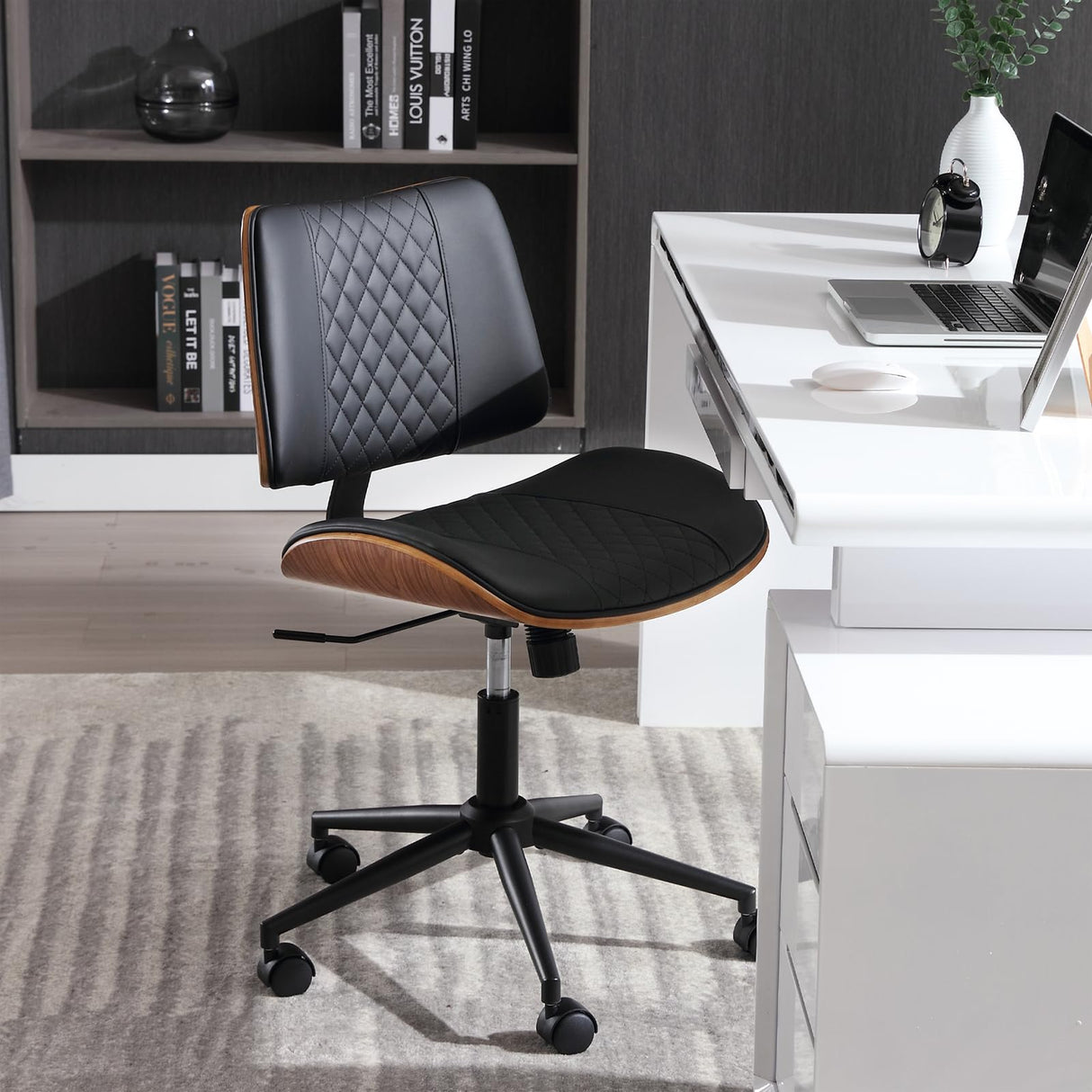 BERYTH Home Office Chair No Arms with Wheels, Adjustable Height Small Desk Chair, PU Leather Mid Back 360 Swivel Computer Chair, Armless Modern Walnut Chair for Office, Reading Meeting Room(Black) BERYTH
