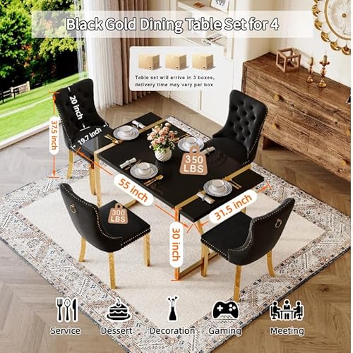 Black Dining Table Set for 4, 55" Black Glossy Top with Gold Metal Legs, Modern Dining Table Set for 4 & Velvet Tufted Chair with Nailhead Trim, Luxry Kitchen Table Set Ideal for Dining Room,APT Iopirbu