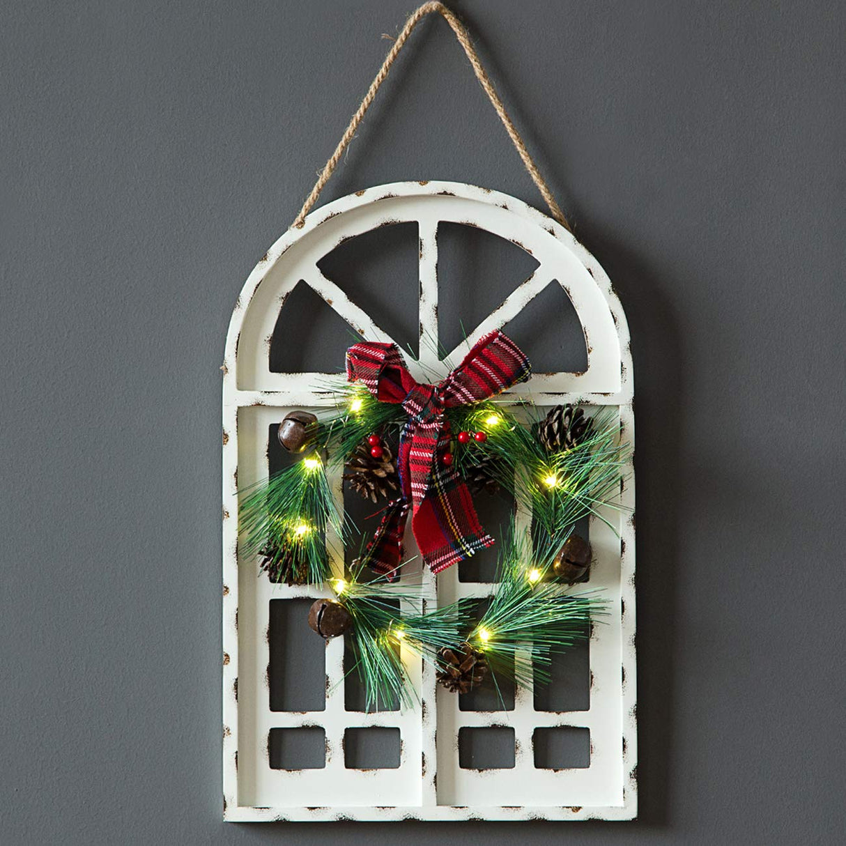 Sunnygalde Indoor and Outdoor Wood Christmas Holiday Wall Hanging Door Decorations Wood Plaqu Signs Christmas Ornament, for Home, School, Office Including Wreath, Wooden Arch and Led Lights (White) Sunnyglade