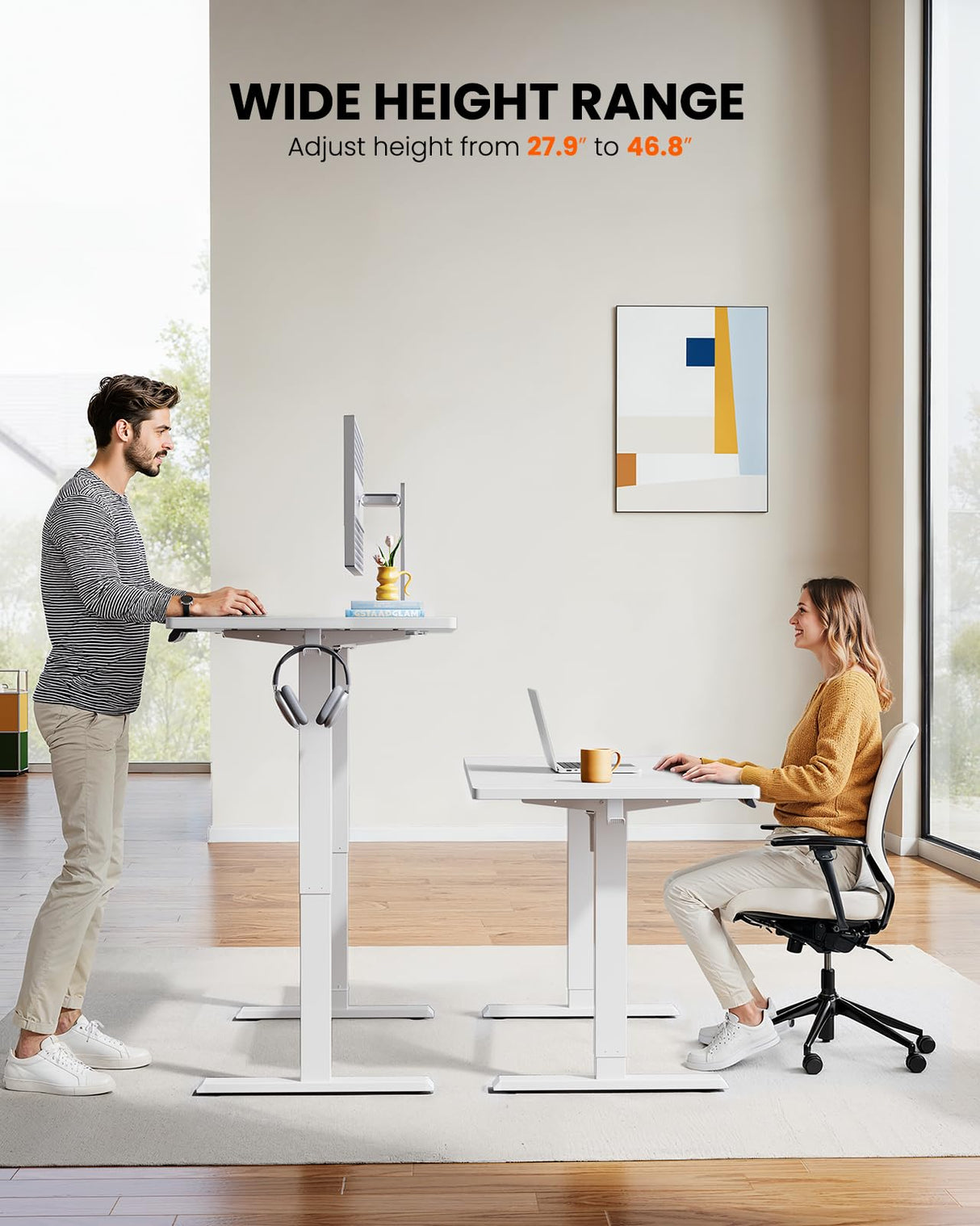 ErGear Electric Standing Desk, 48 x 24 inch Height Adjustable Sit Stand Up Desk, Computer Home Office Desk with 4 Memory Height Buttons, Two Pieces Desktop, White, EGESD110W ErGear