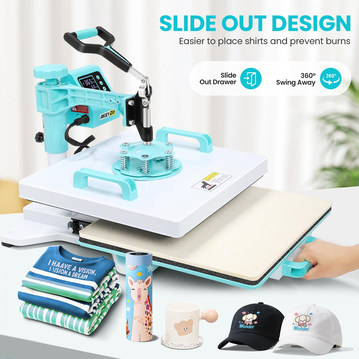 AKEYDIY Heat Press 15x15 inch 5 in 1 with 30OZ Tumbler Press, 360° Swivel Away Slide Out Digital Shirt Press Machine, Industrial Heat Transfer Machine Sublimation for T-Shirt AKEYDIY