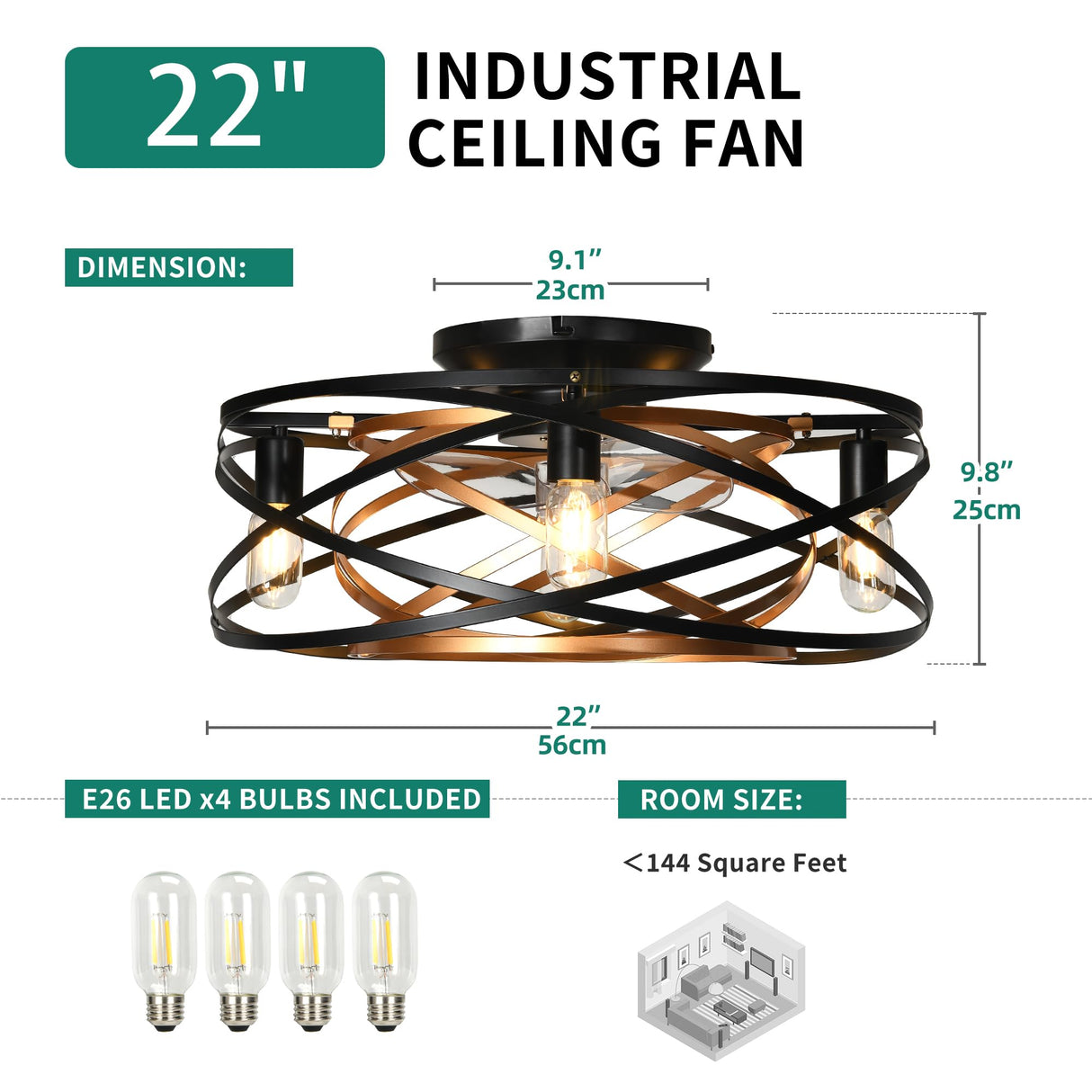 YITAHOME Caged Ceiling Fans with Lights Remote Control, 22'' Bladeless Low Profile Ceiling fan, 6 Speeds Flush Mount Enclosed Ceiling Fans with Reversible Motor, Matte Black Gold (4 E26 Bulb Include) YITAHOME