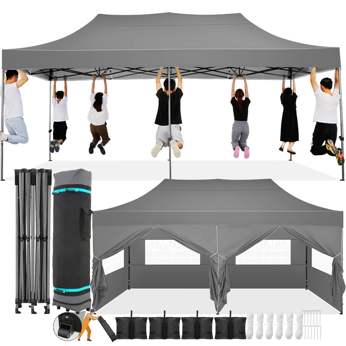 COBIZI 10x20 Pop Up Canopy with 6 Sidewall,Heavy Duty Canopy UPF 50+ All Season Wind Waterproof Commercial Outdoor Wedding Party Tents for Parties Canopy Gazebo with Roller Bag(10 x 20 ft Gray) COBIZI