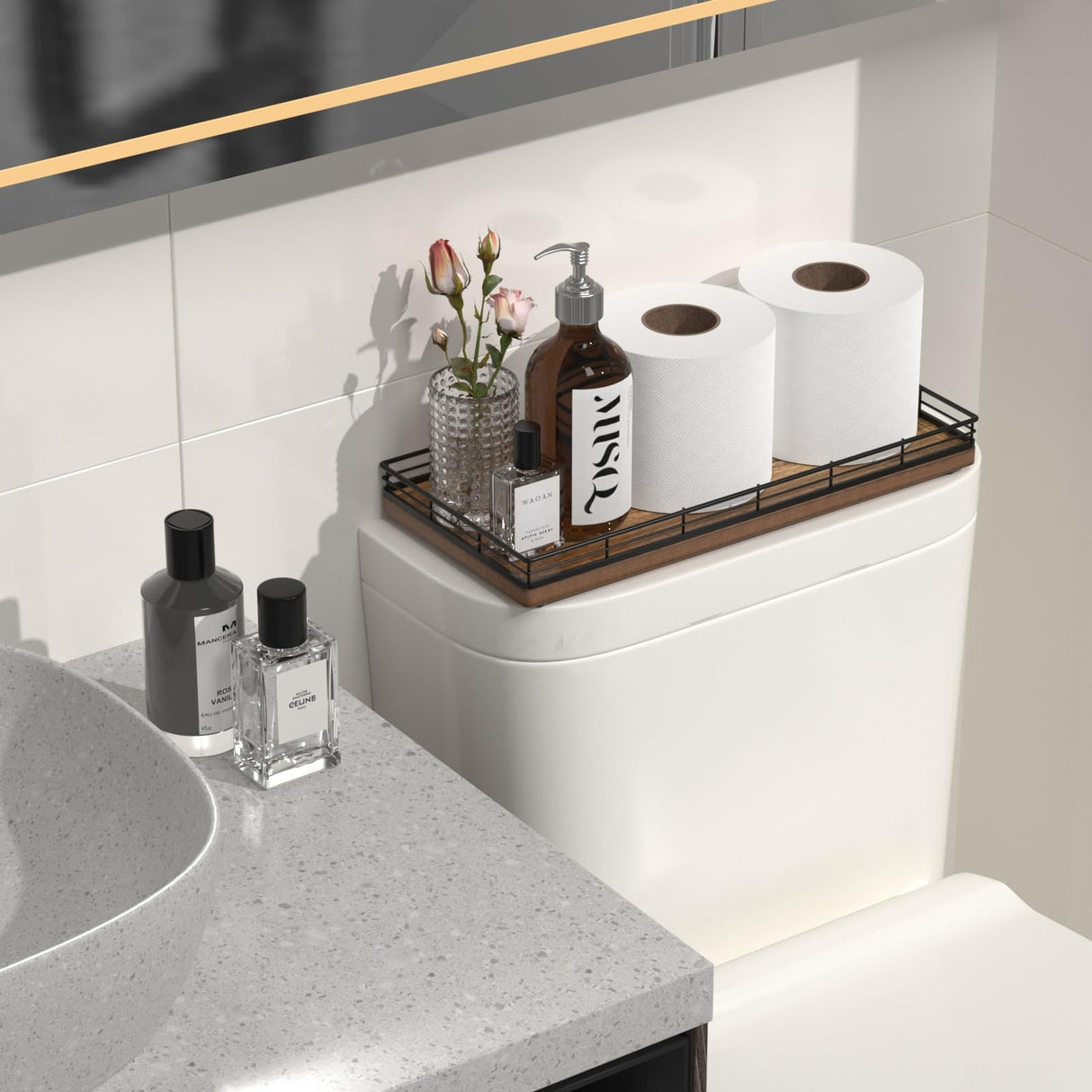 Acacia Bathroom Toilet Tank Tray, 13" Wood Toilet Paper Storage Basket Back of Toilet Basket Organizer, Vanity Tray for Perfume Makeup Candle Kitchen Counter Coffee Table Decor Focusonit