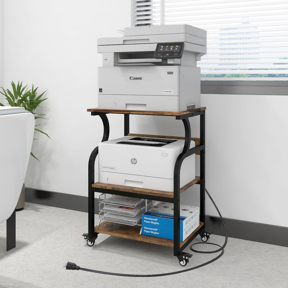 Natwind Large Printer Stand,Printer Table with Adjustable Storage Shelf,3 Tier Rolling Printer Cart with Wheels for Home Office Organization Shelves for Heat Press,3D Printer (Retro) Natwind