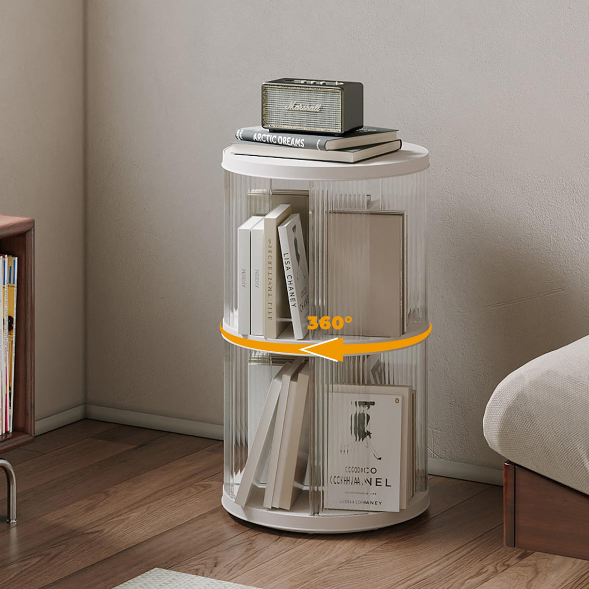 Zream 2 Tier Rotating Bookshelf, Revolving Bookcase 360 Display Spinning Bookshelf Tower, Small Corner Bookshelf for Small Space, Narrow Book Shelf Organizer for Playroom, Bedroom, Living Room Zream