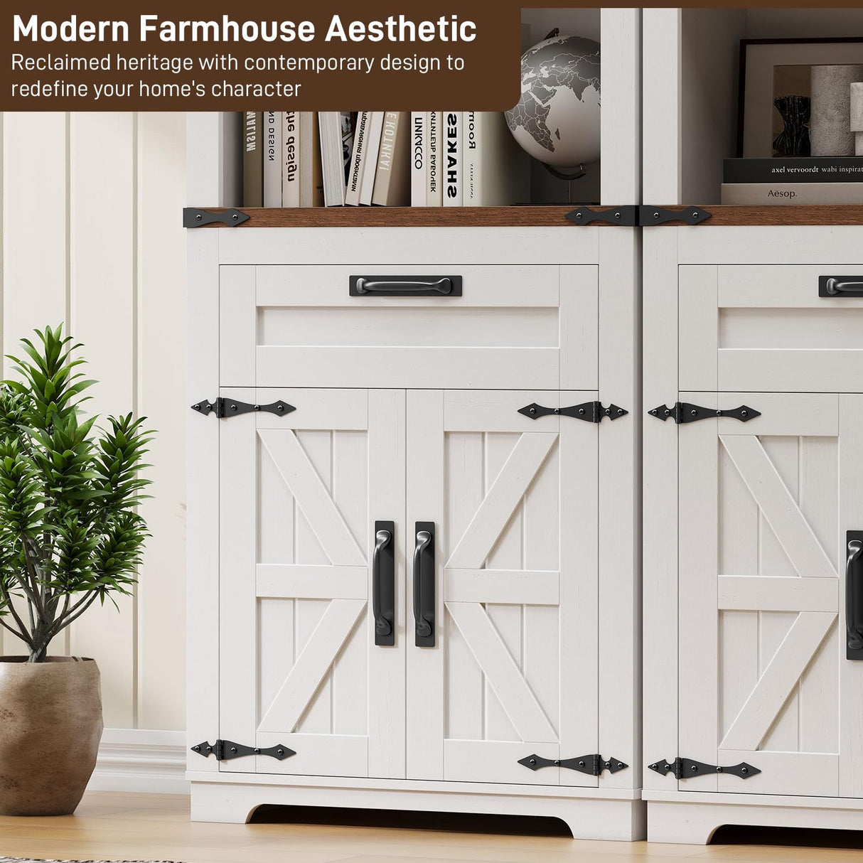 Vabches Bookshelf with Storage Cabinet, Farmhouse Bookshelf with Adjustable Shelves Tall Bookcase with Barn Doors and Drawer Freestanding Display Book Shelf for Office Living Room (Antique White) Vabches