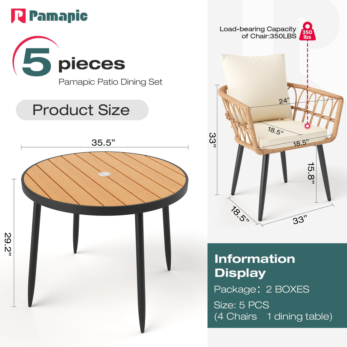 Pamapic 5-Piece Outdoor Dining Set, All-Weather PE Rattan Outdoor Furniture Set with Wood Table Top, Patio Dining Set with Cushion Chairs & Round Table for Garden, Lawn, Patio (Yellow & White) Pamapic