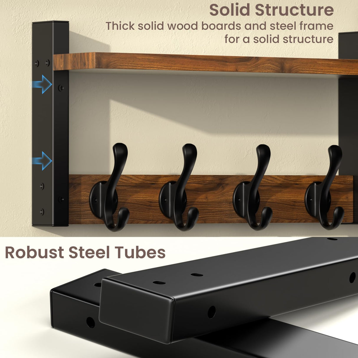 29'' Rustic Coat Rack Wall Mount with Shelf and Key Hooks, Solid Wood Key Holder Wall Mount, Farmhouse Wall Organizer for Mail, Entryway Wall Hangers for Hats, Clothes, Backpacks, Dog Leashes, Mudroom Facilite