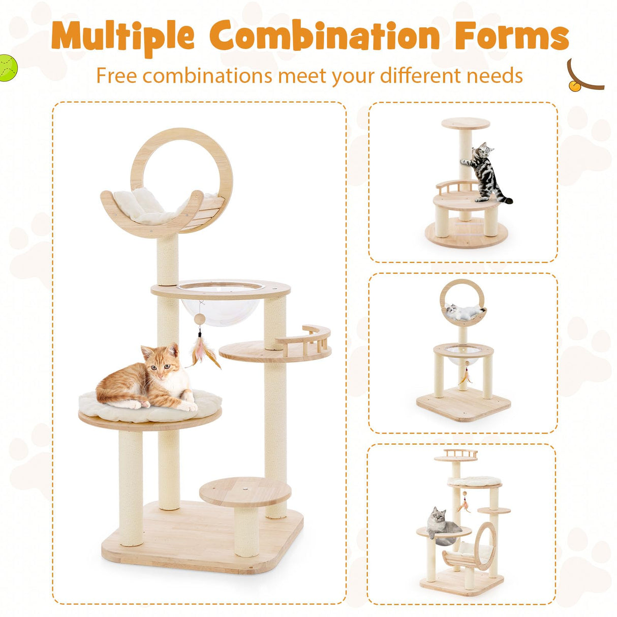 Tangkula Solid Wood Cat Tree, 4-in-1 Building Block Large Cat Tower with Space Capsule Nest, Sisal Scratching Posts, Padded Platform, Hanging Toy, Cat Tree Tower with 4 Transformations for Indoor Cats Tangkula