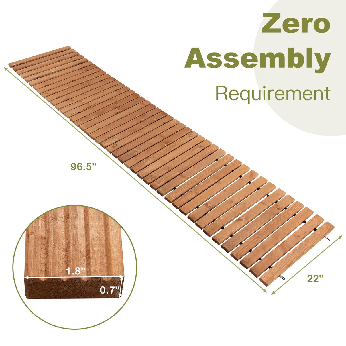 HAPPYGRILL 8 FT Wooden Garden Pathway Weather-Resistant Straight Walkway with Sturdy Steel Wire & Anti-Slip Patterns, Outdoor Roll-up Fir Wood Boardwalk for Patio Beach Garden Backyard HAPPYGRILL