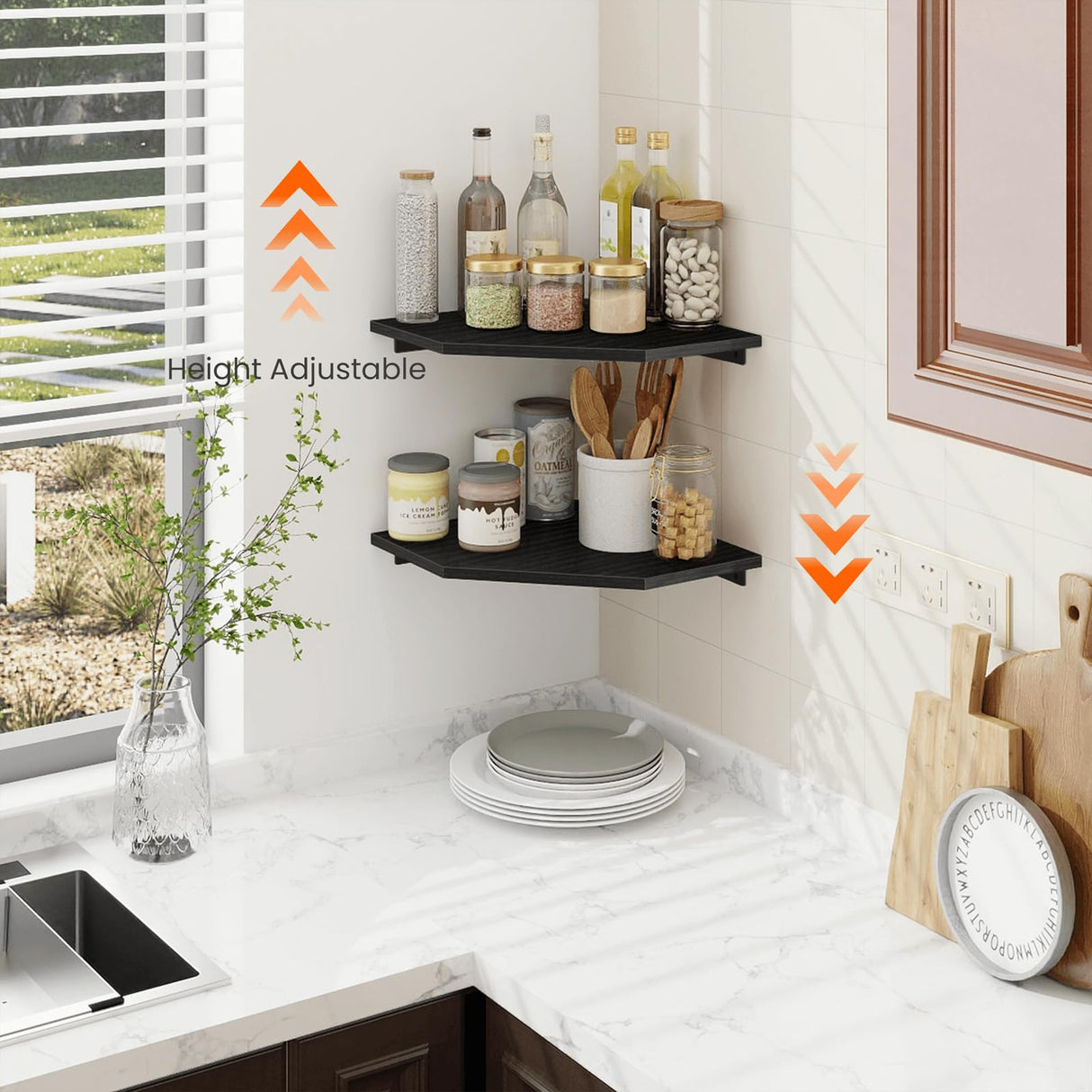 Homode Corner Shelf Wall Mount, Set of 2 Corner Floating Shelves with Wire Hole for TV, Cable Box, Wood Hanging Storage Shelf Organizer for Bathroom Kitchen Living Room Bedroom, Black Homode