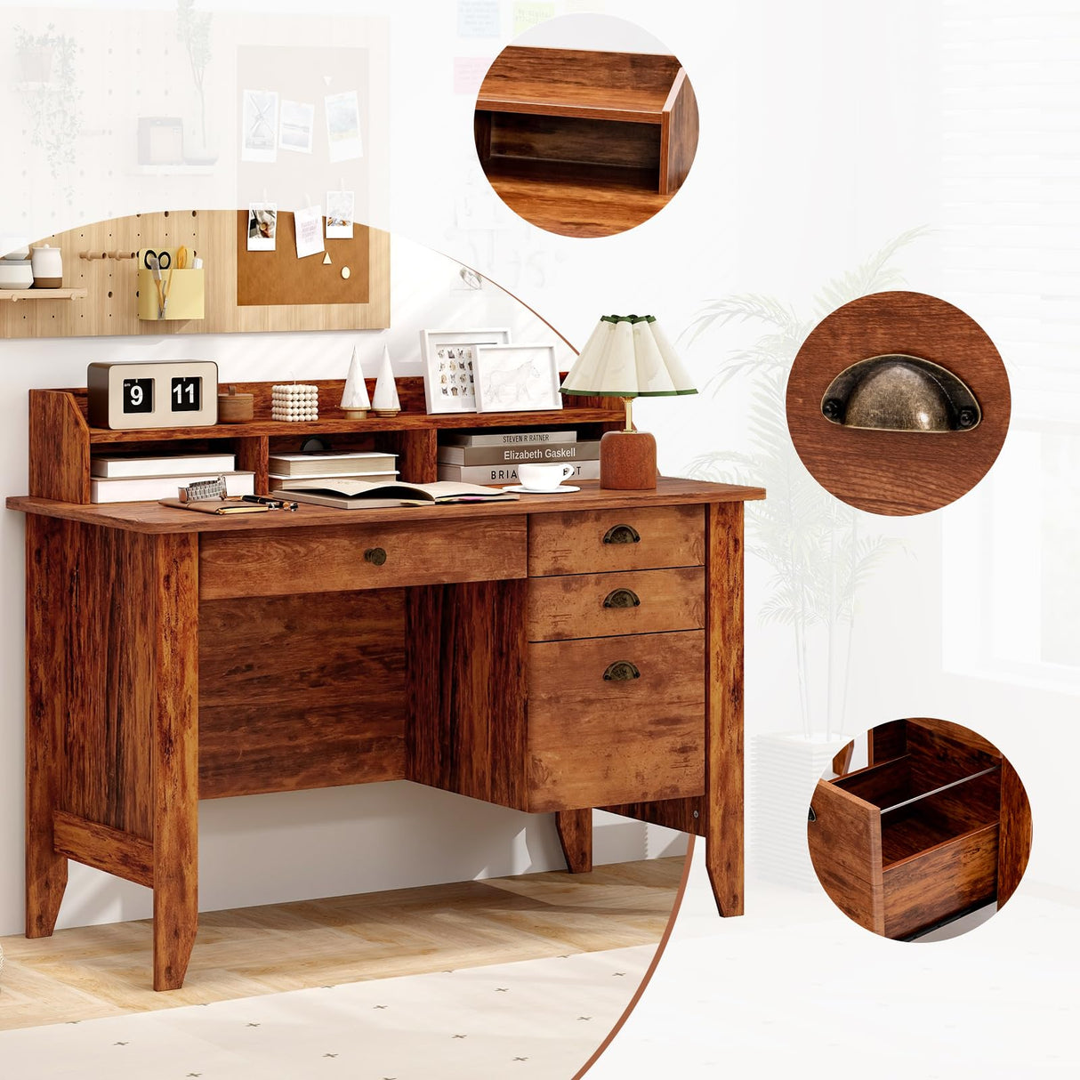 Safeplus 48" Computer Desk with 4 Storage Drawers and Hutch Wood Executive Table for PC Laptop Safeplus