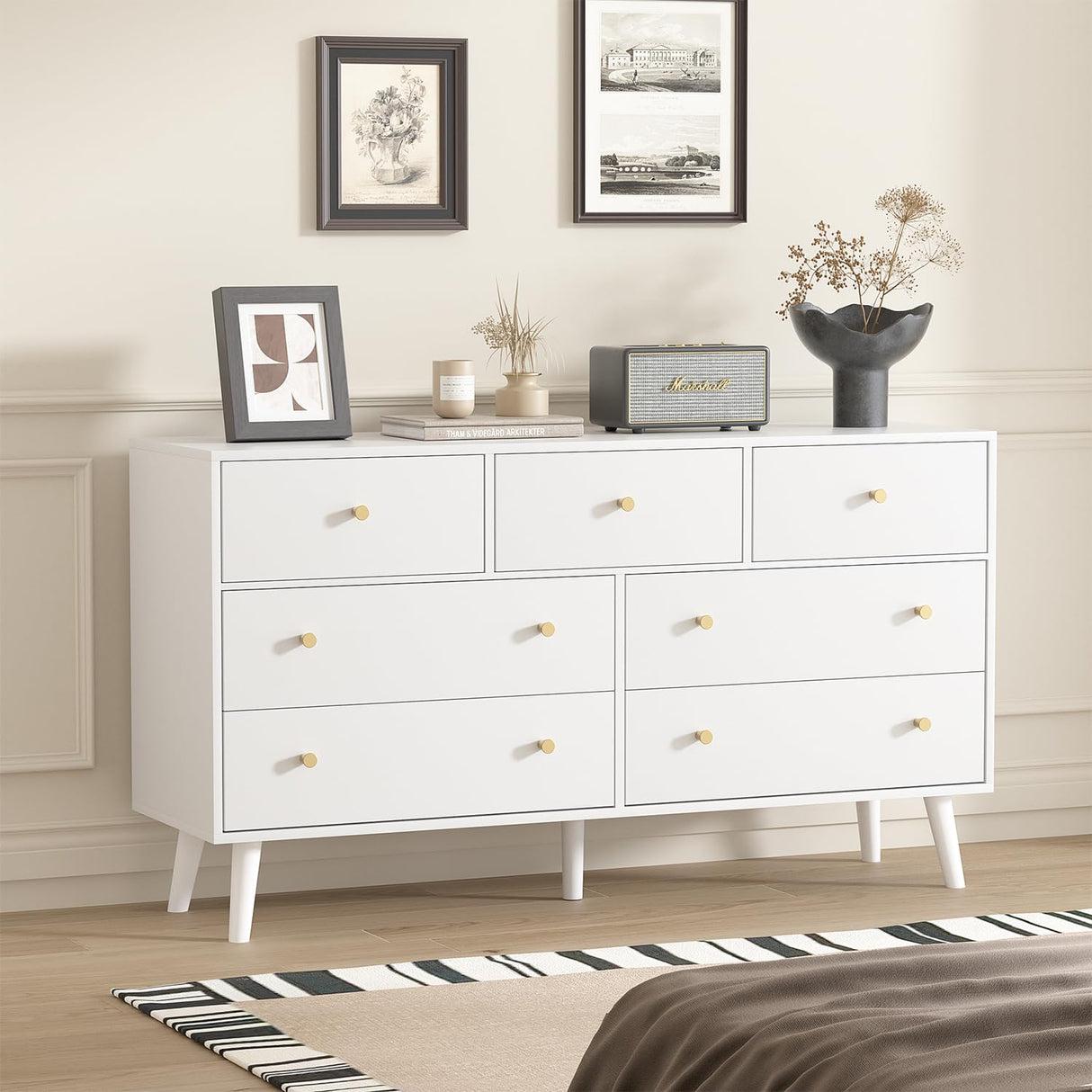 HOUROM White Dresser for Bedroom, Dresser with 7 Drawers, Wood Dressers & Chests of Drawers, Modern Double Dresser with Wide Drawer and Metal Handles HOUROM