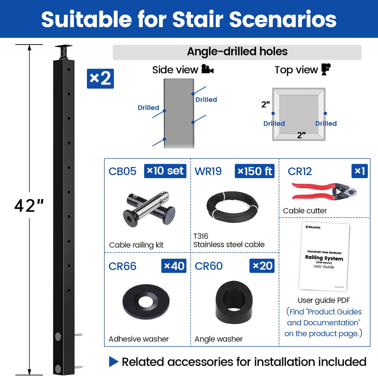 Muzata 5ft-10ft Cable Railing Kit 36" 2PACK Black Side Mount Stair Posts PF01 with 150ft 1/8 Stainless Steel Wire Rope WR19 Cable Railing System DIY Kit (No Handrail), RWF1 BA4S Muzata