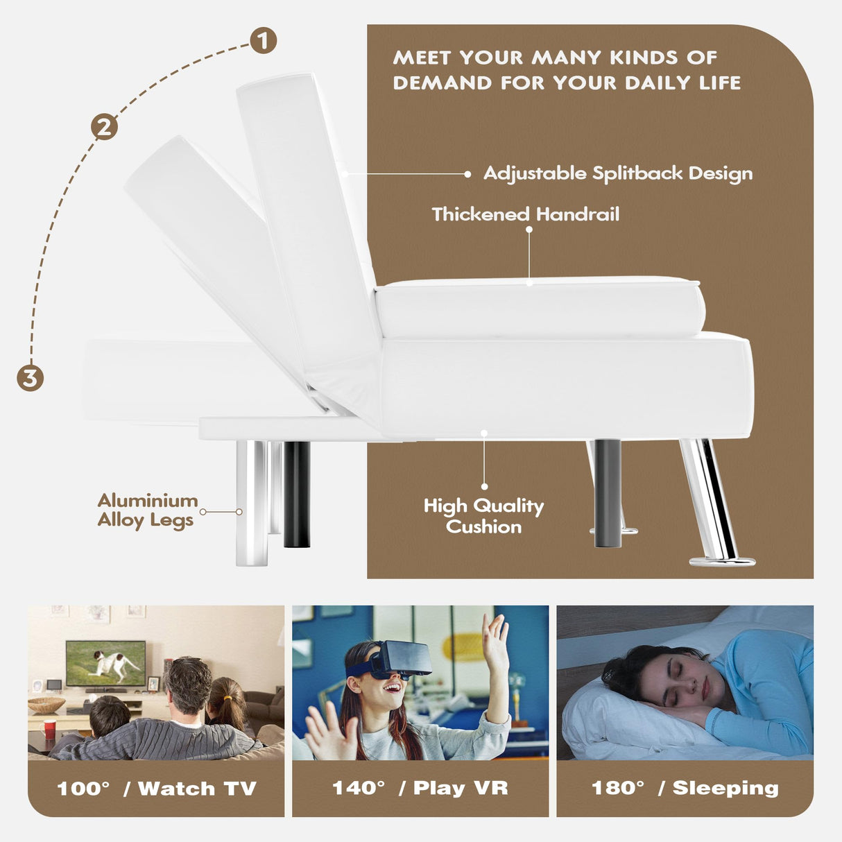 Homall Futon Sofa Bed, Leather Futon Couch with Removable Armrests, Adjustable Recliner Sleeper Sofa Bed with Dual Cup Holders for Living Room, Apartment, Office (White) Homall