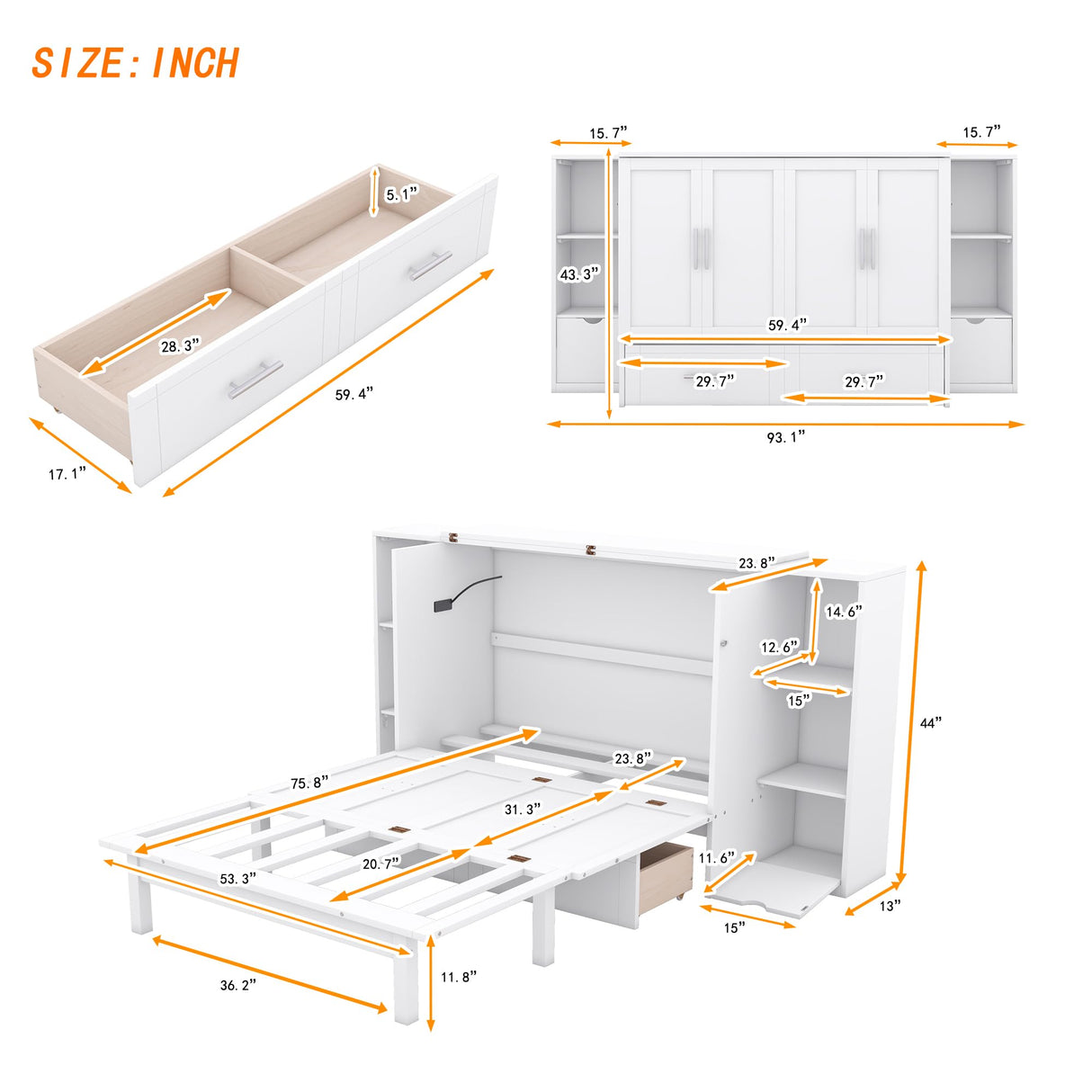 Full Size Murphy Wall Bed With Storage and Bookcase Headboard, Solid Wood Cabinets, Shelves, Drawers and USB Ports, Multi-Function Platform for Home Office, Guest Room (White) MERITLINE