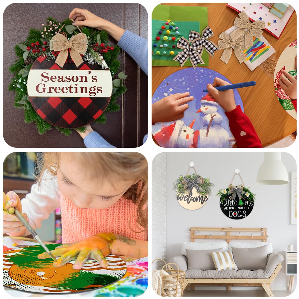 DIYDEC 6 Pack Round Wood for Crafts 12 Inch Unfinished Wood Slices Blank Wooden Door Hanger Sign Wooden Circles Discs with Bows Twine Glue Point for DIY Crafts Painting Christmas Home Holiday Decor DIYDEC