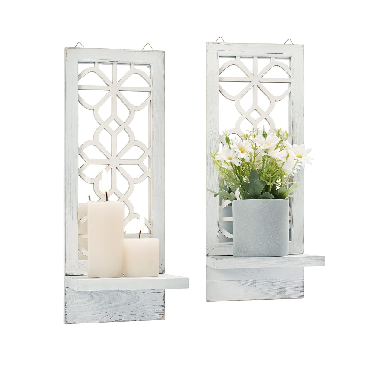 Yorkmills Candle Sconces Wall Decor Set of 2, Wall Candle Holder Rustic Home Decor, Farmhouse Wall Art Floating Mirror Sconces White Wall Decorations for Living Room, Dining Room, Bedroom, Bathroom Yorkmills