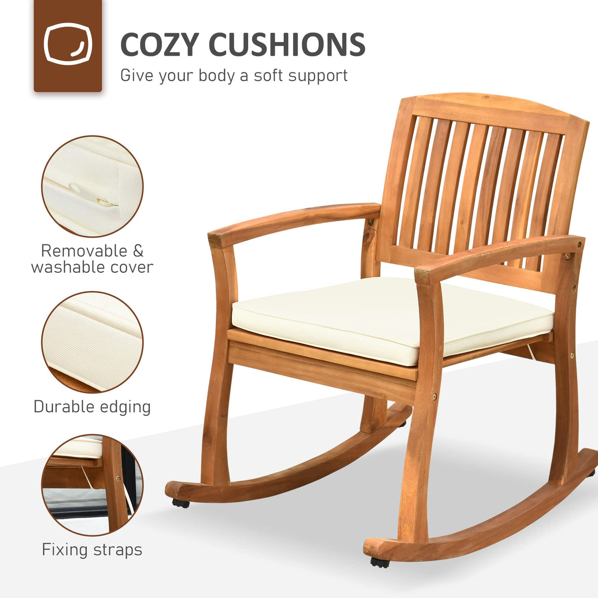 Outsunny Outdoor Rocking Chair with Cushion, Acacia Wood Patio Rocker for Backyard, Patio, Home, Teak Tone Outsunny