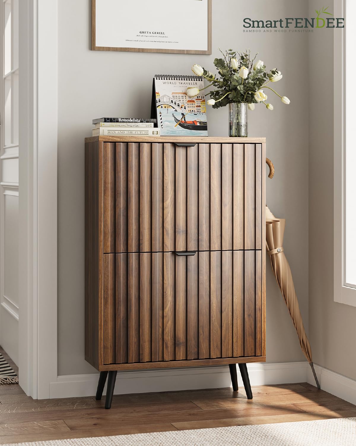 Smart FENDEE Shoe Cabinet, Slim Fluted Shoe Cabinet Storage for Entryway, Walnut Hidden Shoe Cabinet with Metal Legs and Flip Doors Smart FENDEE