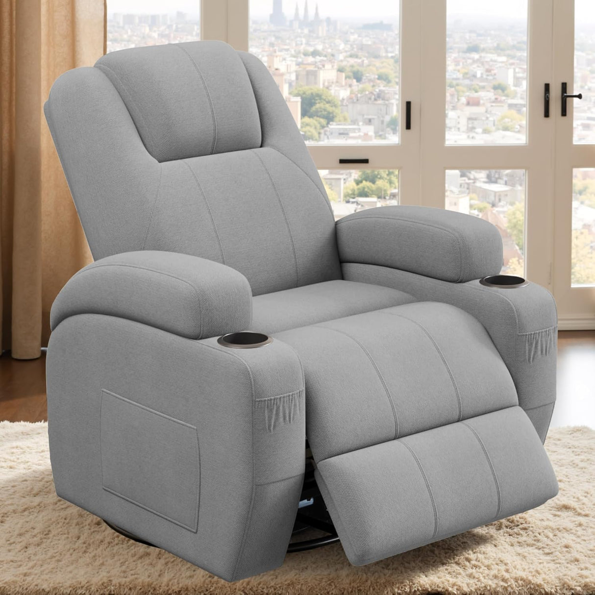 Flamaker Swivel Rocker Recliner Chair with Vibration Massage, 360° Swivel Recliner Chairs for Adults Ergonomic Lounge Chair with Cup Holders Lazy Boy Recliner Single Sofa Seat (Fabric, Gray) Flamaker
