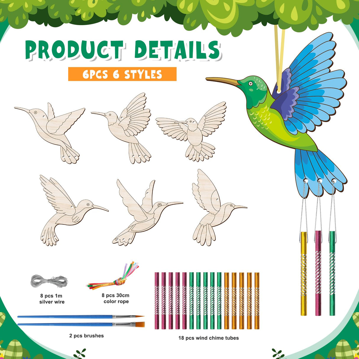 6 Pack Hummingbird Wind Chime Kit for Kids to Paint Make You Own Spring Wind Chimes Wooden Art Arts and Crafts Bird Ornaments Spring Smmer Party Decoration for Kids and Adults BAPHILE