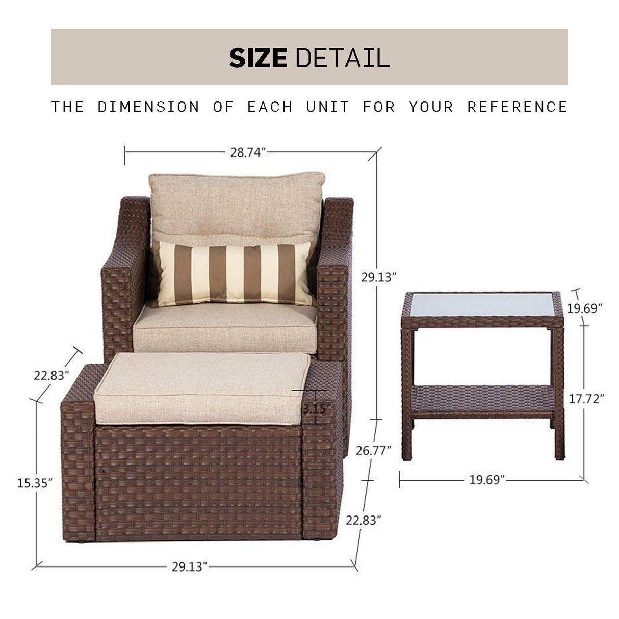 SOLAURA Outdoor Patio Furniture Set 7-Piece Brown Wicker Conversation Furniture Set Patio Lounge Chairs with Ottoman & Loveseat with Glass Coffee Table (Pillow Included) SOLAURA