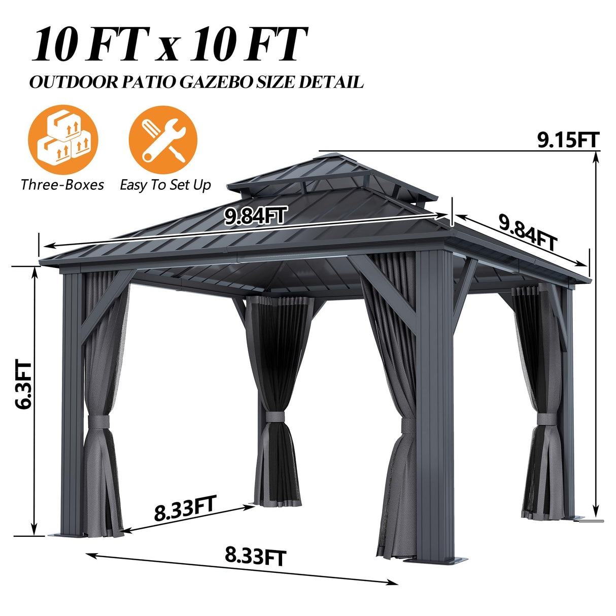 GARTOO 10x10FT Outdoor Hardtop Gazebo with Double Roof - Heavy-Duty Galvanized Steel Top Aluminum Frame Gazebo with Breathable Netting & Privacy Curtain for Patio, Porch, Garden, Lawn, Deck, Backyard GARTOO