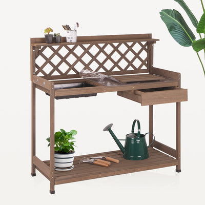 Potting Bench Potting Table Potting Benches for Outside 44 Inch Fir Wood Garden Potting Station Garden Table PVC Layer Storage Shelf Sink Drawer Hooks