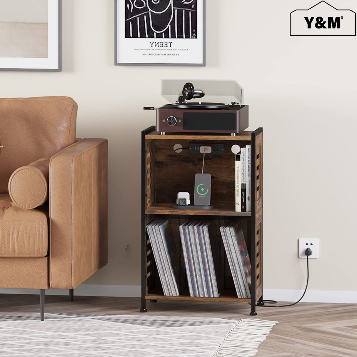 Y&M Record Player Stand, Vinyl Turntable Stand with Charging Station and USB Port, Record Display Table with Storage Cabinet, Turntable Holder, End Table, Nightstand for Bedroom, Living Room, Brown Y&M