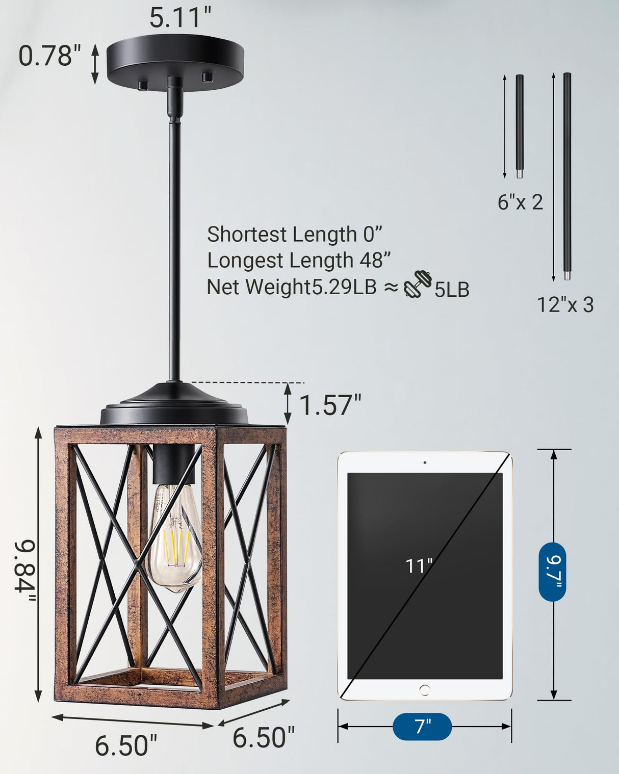 DEWENWILS Farmhouse Pendant Light, Metal Hanging Light Fixture with Wooden Grain Finish, 48 Inch Adjustable Pipes for Flat and Slop Ceiling, Kitchen Island, Bedroom, Dining Hall, E26 Base DEWENWILS