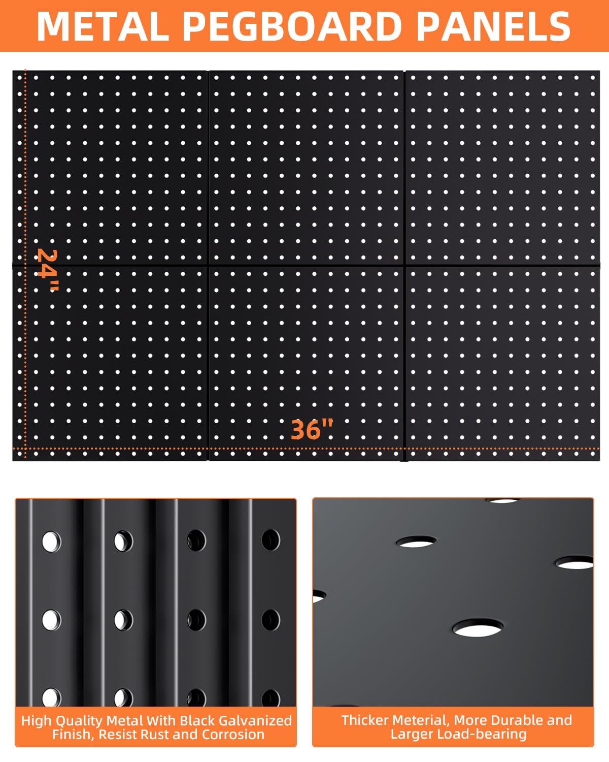 INCLY 6 Pack 12"x12" Black Metal Pegboard Panels, Heavy Duty Pegboard Wall Organizer with Frame, Black Peg Board for Walls, Garage, Workbench, Shed, Kitchen, Craft Room Tool Organization INCLY