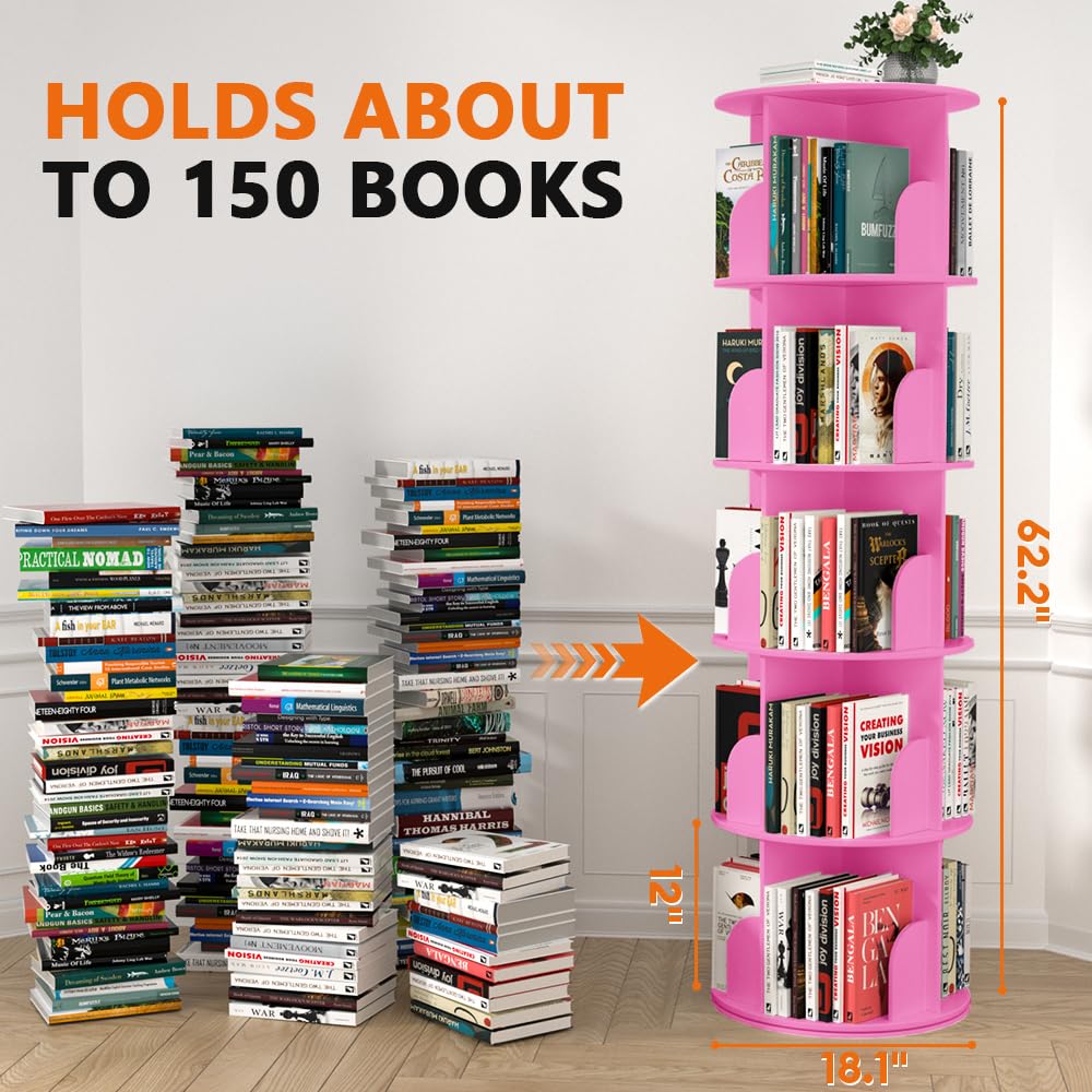 Nidouillet Rotating Bookshelf Tower, 5 Tier Spinning Bookcase Lazy Susan, Revolving 360 Book Shelf Storage Round Organizer, Vertical Rotate Turning Corner Book Case for Small Space, Pink Nidouillet