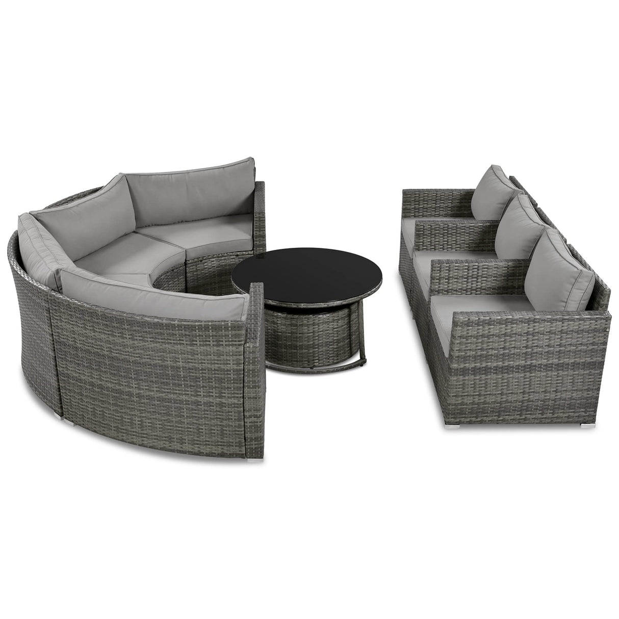 Merax 9-Piece Outdoor Half-Moon Patio Sofa Set, Modern Round Wicker Furniture with Grey Cushions, Gray Wicker Sofa Set for Patio, Garden, or Poolside Merax