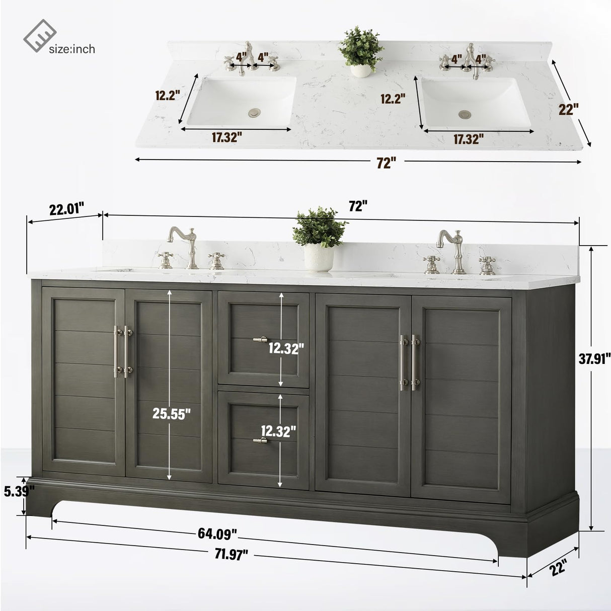HOMEBEYOND 72 Inch Bathroom Vanity with Double Sink & Ceramic Top, Vanity Cabinet with Center Countertop Basin, Soft-Closing Doors, Backsplash, Sliver Grey HOMEBEYOND
