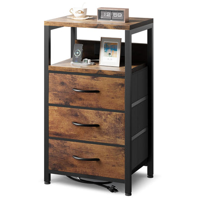 NightStand Bedside Charging Table Bedroom - Night Stand with Charger Station, Modern Nightstand with Open Shelf & 3 Fabric Drawers, Bed Side Table USB-C USB Ports & AC Outlets for Dorm Living Room