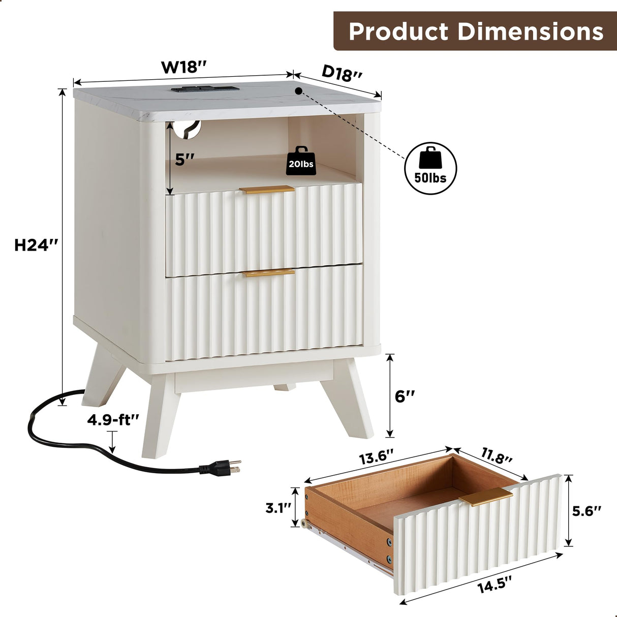 T4TREAM Fluted Nightstand with Charging Station, 18" Modern Side Table with Faux Marble Top, 2 Drawers End Table w/Storage, Bedside Table for Bedroom, Living Room, Curved Profile Design, Solid White T4TREAM