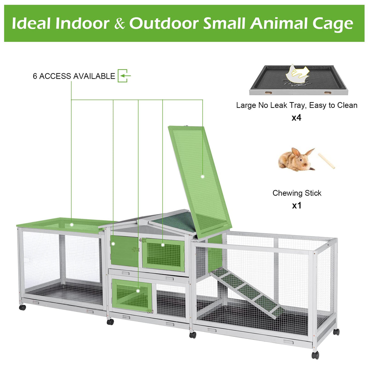 Esright 94.5'' Rabbit Hutch with 8 Wheels, Bunny Cage Two Run Rabbit Cage Outdoor Wooden Bunny Hutch Small Animal House with Removable Tray & Anti-Slip Ramp Esright