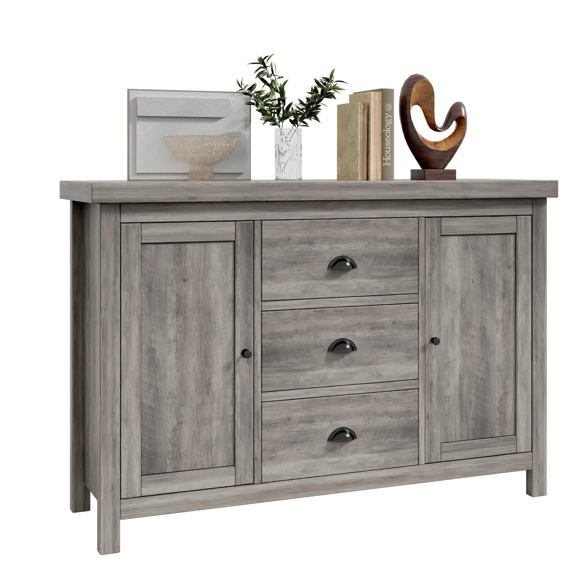 Buffet Sideboards, Kitchen Storage Cabinet, Large Storage with 3 Drawers and 2 Doors Sideboard, Farmhouse Coffee Bar Cabinet with Retro Cabinet Handles, Adjustable Shelf for Living Room, Ash Grey GAOMON