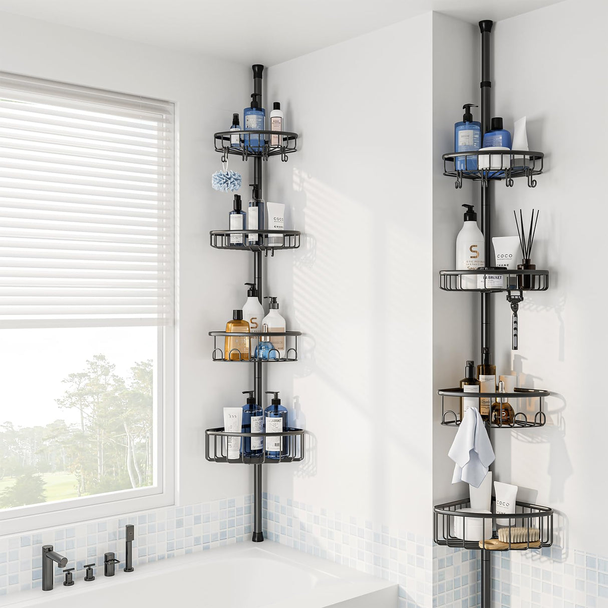 Corner Shower Caddy Tension Pole: Stainless Steel Rustproof 4-Tier Shower Organizer - 47-121 inch Adjustable Bathroom Shelves for Bathtub Shampoo Storage - Tension Rod Floor Standing Bath Rack - Black ESSEME